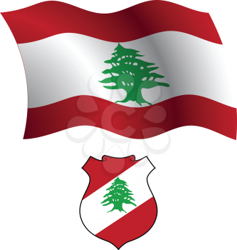 lebanon wavy flag and coat of arm against white background, vector art illustration, image contains transparency