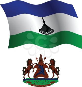 lesotho wavy flag and coat of arm against white background, vector art illustration, image contains transparency