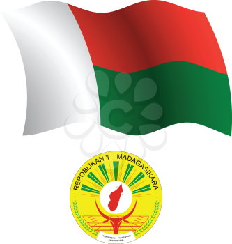 madagascar wavy flag and coat of arm against white background, vector art illustration, image contains transparency