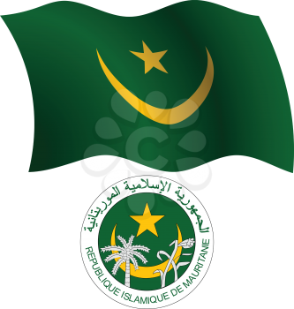 mauritania wavy flag and coat of arm against white background, vector art illustration, image contains transparency
