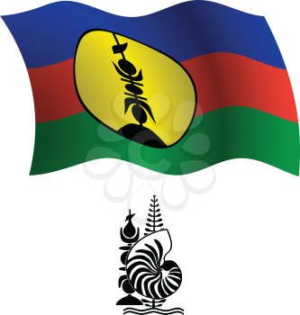 new caledonia wavy flag and coat of arms against white background, vector art illustration, image contains transparency