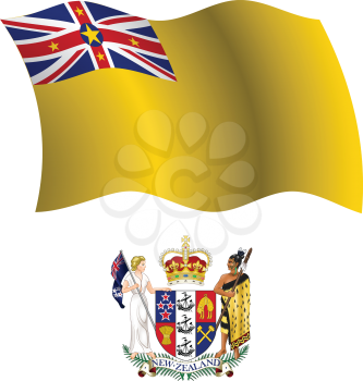 niue wavy flag and coat of arm against white background, vector art illustration, image contains transparency