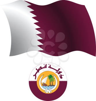 qatar wavy flag and coat of arm against white background, vector art illustration, image contains transparency