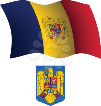 romania wavy flag and coat of arm against white background, vector art illustration, image contains transparency