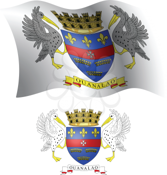 saint barthelemy wavy flag and coat of arm against white background, vector art illustration, image contains transparency