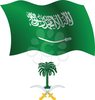 saudi arabia wavy flag and coat of arm against white background, vector art illustration, image contains transparency