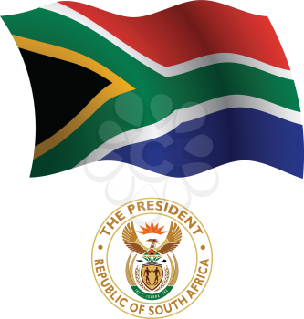 south africa wavy flag and coat of arm against white background, vector art illustration, image contains transparency