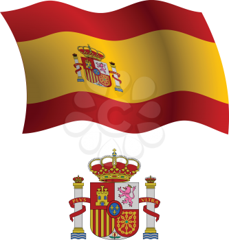 spain wavy flag and coat of arm against white background, vector art illustration, image contains transparency