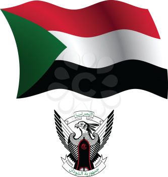 sudan wavy flag and coat of arm against white background, vector art illustration, image contains transparency