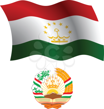 tajikistan wavy flag and coat of arm against white background, vector art illustration, image contains transparency