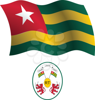 togo wavy flag and coat of arm against white background, vector art illustration, image contains transparency