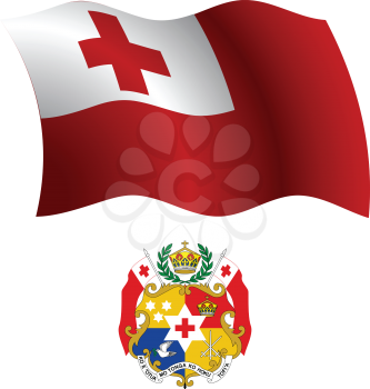 tonga wavy flag and coat of arm against white background, vector art illustration, image contains transparency