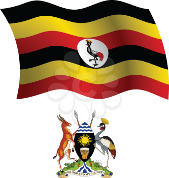 uganda wavy flag and coat of arm against white background, vector art illustration, image contains transparency