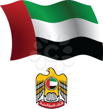 united arab emirates wavy flag and coat of arm against white background, vector art illustration, image contains transparency