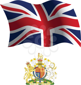 united kingdom wavy flag and coat of arms against white background, vector art illustration, image contains transparency