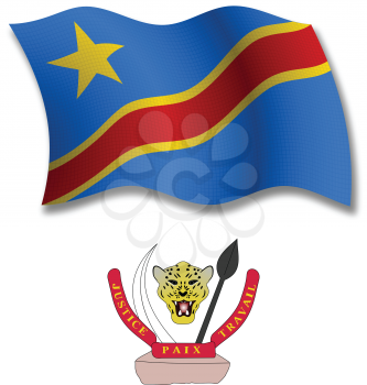 democratic republic of the congo shadowed textured wavy flag and coat of arms against white background, vector art illustration, image contains transparency transparency