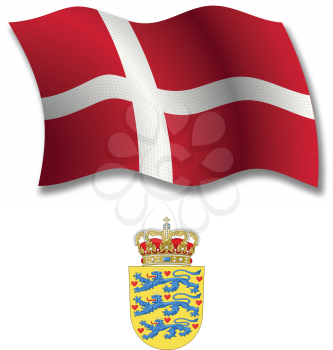denmark shadowed textured wavy flag and coat of arms against white background, vector art illustration, image contains transparency transparency