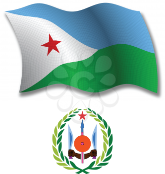 djibouti shadowed textured wavy flag and coat of arms against white background, vector art illustration, image contains transparency transparency