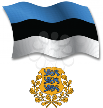 estonia shadowed textured wavy flag and coat of arms against white background, vector art illustration, image contains transparency transparency