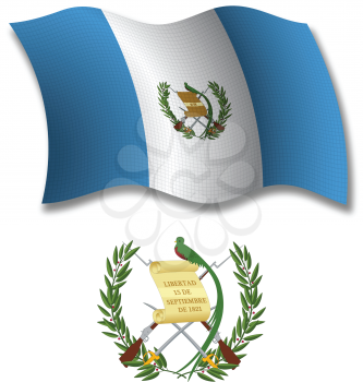 guatemala shadowed textured wavy flag and coat of arms against white background, vector art illustration, image contains transparency transparency