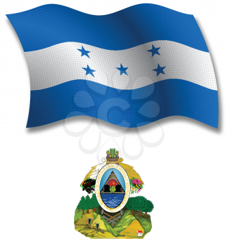 honduras shadowed textured wavy flag and coat of arms against white background, vector art illustration, image contains transparency transparency