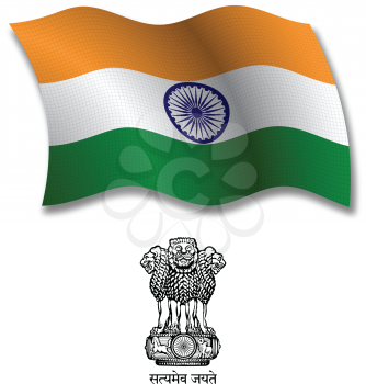 india shadowed textured wavy flag and coat of arms against white background, vector art illustration, image contains transparency transparency