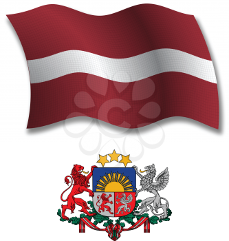 latvia shadowed textured wavy flag and coat of arms against white background, vector art illustration, image contains transparency transparency