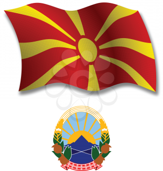 macedonia shadowed textured wavy flag and coat of arms against white background, vector art illustration, image contains transparency transparency