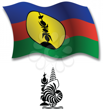 new caledonia shadowed textured wavy flag and coat of arms against white background, vector art illustration, image contains transparency transparency