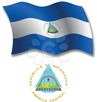 nicaragua shadowed textured wavy flag and coat of arms against white background, vector art illustration, image contains transparency transparency