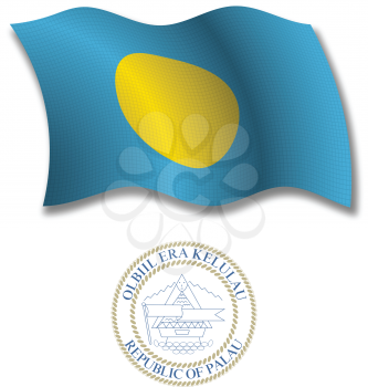 palau shadowed textured wavy flag and coat of arms against white background, vector art illustration, image contains transparency transparency