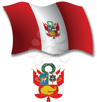 peru shadowed textured wavy flag and coat of arms against white background, vector art illustration, image contains transparency transparency