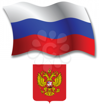 russia shadowed textured wavy flag and coat of arms against white background, vector art illustration, image contains transparency transparency