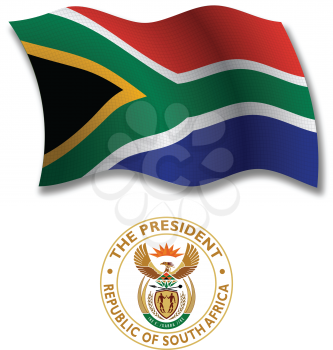 south africa shadowed textured wavy flag and coat of arms against white background, vector art illustration, image contains transparency transparency
