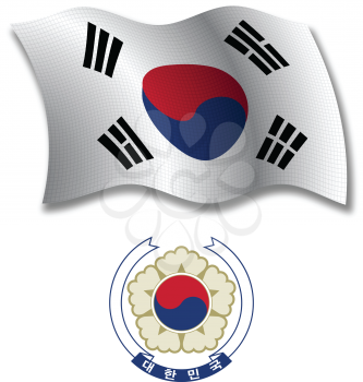 south korea shadowed textured wavy flag and coat of arms against white background, vector art illustration, image contains transparency transparency
