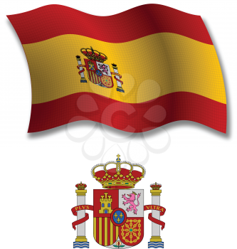 spain shadowed textured wavy flag and coat of arms against white background, vector art illustration, image contains transparency transparency