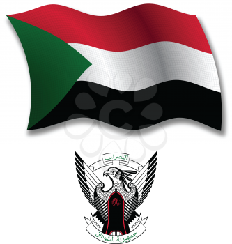 sudan shadowed textured wavy flag and coat of arms against white background, vector art illustration, image contains transparency transparency