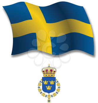 sweden shadowed textured wavy flag and coat of arms against white background, vector art illustration, image contains transparency transparency