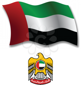 united arab emirates shadowed textured wavy flag and coat of arms against white background, vector art illustration, image contains transparency transparency