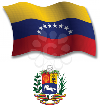 venezuela shadowed textured wavy flag and coat of arms against white background, vector art illustration, image contains transparency transparency