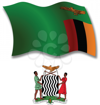 zambia shadowed textured wavy flag and coat of arms against white background, vector art illustration, image contains transparency transparency