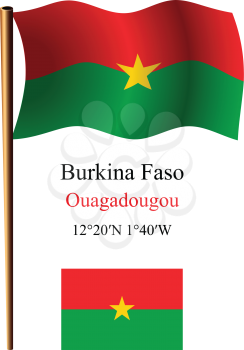 burkina faso wavy flag and coordinates against white background, vector art illustration, image contains transparency