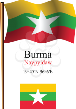 burma wavy flag and coordinates against white background, vector art illustration, image contains transparency
