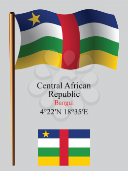 central african republic wavy flag and coordinates against gray background, vector art illustration, image contains transparency