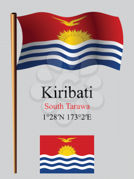 kiribati wavy flag and coordinates against gray background, vector art illustration, image contains transparency
