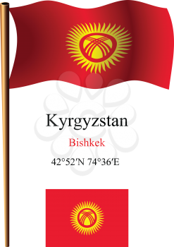 kyrgyzstan wavy flag and coordinates against white background, vector art illustration, image contains transparency