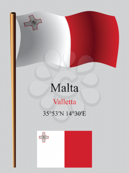 malta wavy flag and coordinates against gray background, vector art illustration, image contains transparency