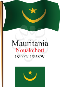 mauritania wavy flag and coordinates against white background, vector art illustration, image contains transparency