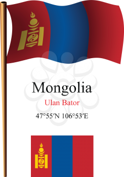 mongolia wavy flag and coordinates against white background, vector art illustration, image contains transparency