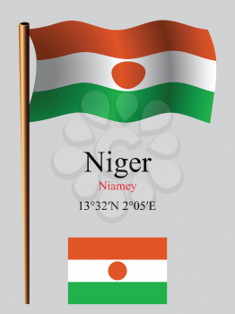 niger wavy flag and coordinates against gray background, vector art illustration, image contains transparency